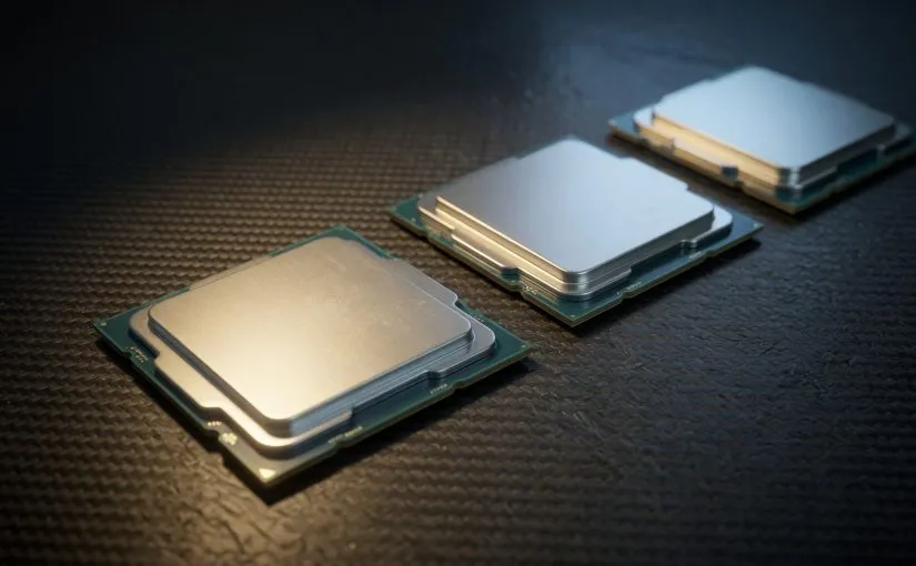 Three desktop processors in a row, from nearest to farthest