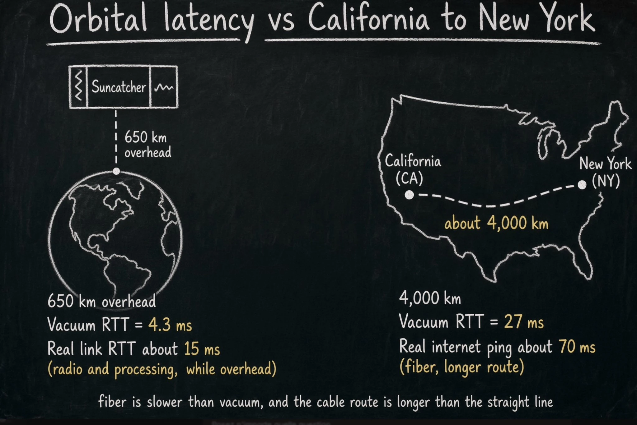 Orbital latency compared with California to New York